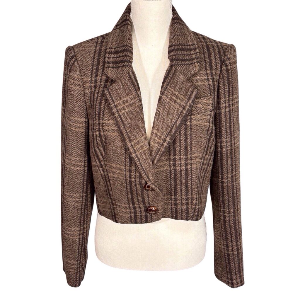 ASTR The Label Brina Cropped Blazer Brown Black Herringbone Plaid Women’s Medium